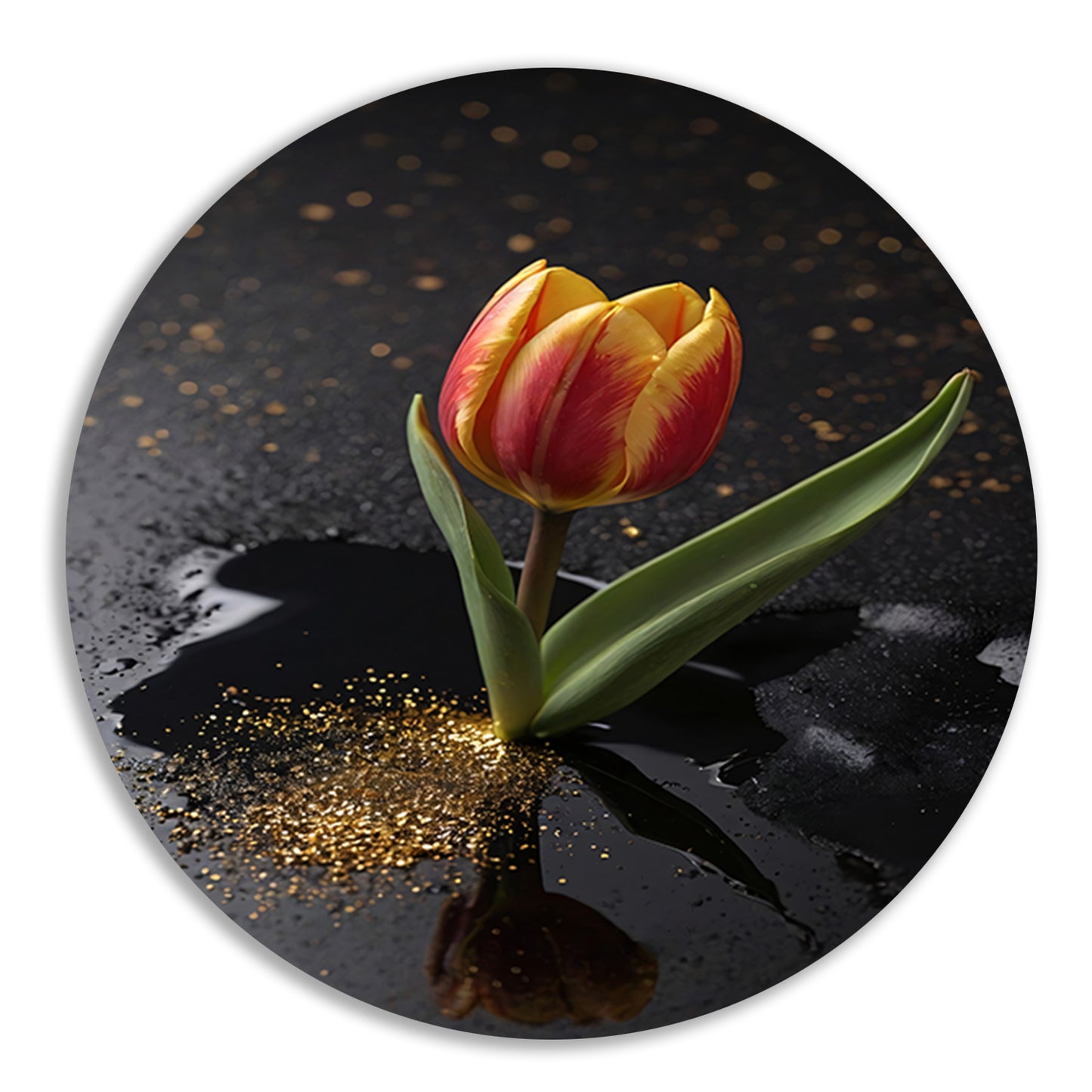 Tulp met Gouden Glitters op Zwarte Ondergrond forex muurcirkel