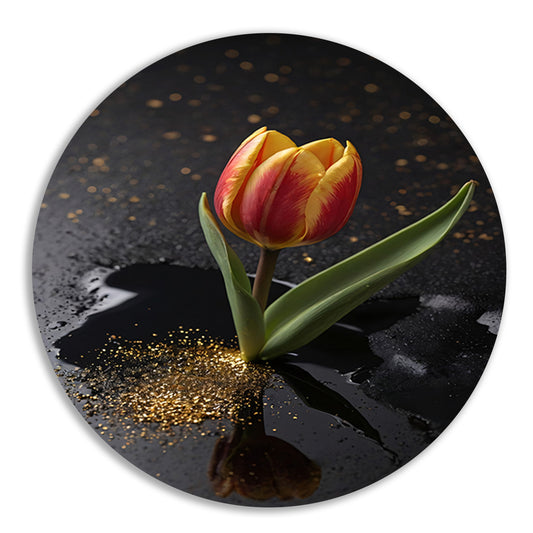 Tulp met Gouden Glitters op Zwarte Ondergrond aluminium muurcirkel