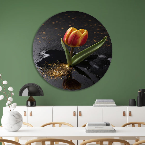 Tulp met Gouden Glitters op Zwarte Ondergrond forex muurcirkel