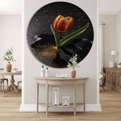 Tulp met Gouden Glitters op Zwarte Ondergrond forex muurcirkel