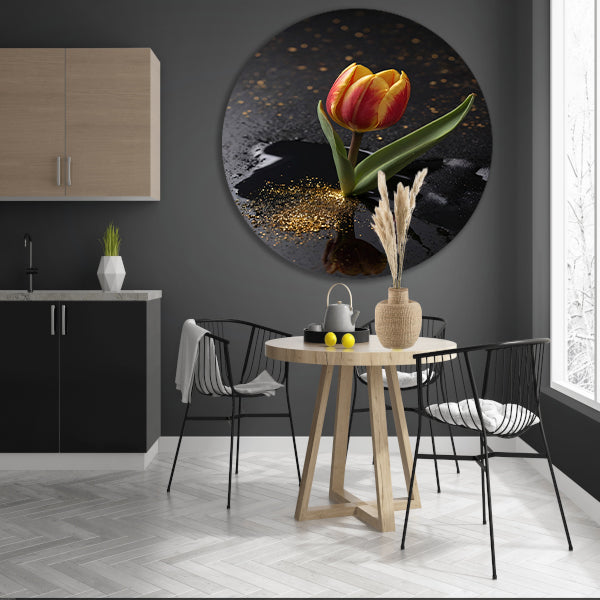 Tulp met Gouden Glitters op Zwarte Ondergrond forex muurcirkel