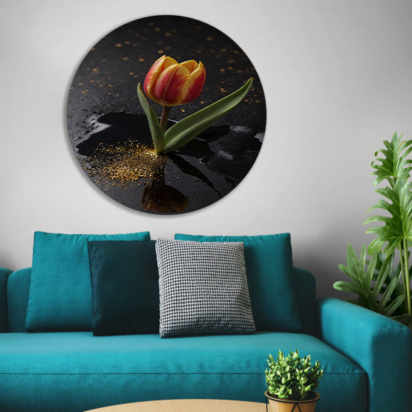Tulp met Gouden Glitters op Zwarte Ondergrond forex muurcirkel