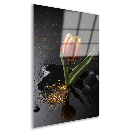 Tulp met Gouden Glitters op Zwarte Ondergrond acrylglas