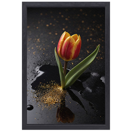 Tulp met Gouden Glitters op Zwarte Ondergrond canvas met baklijst