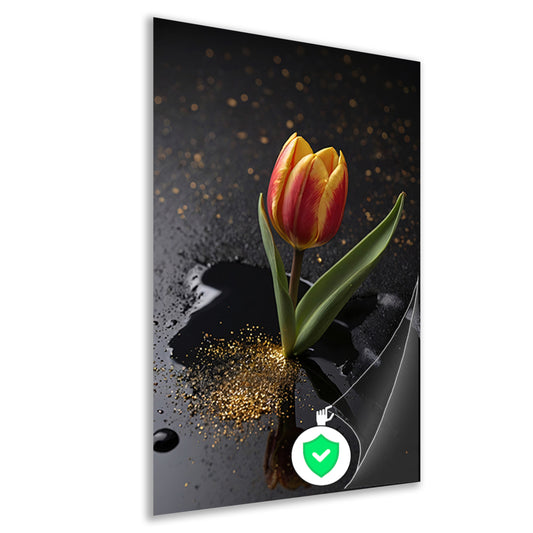 Tulp met Gouden Glitters op Zwarte Ondergrond poster