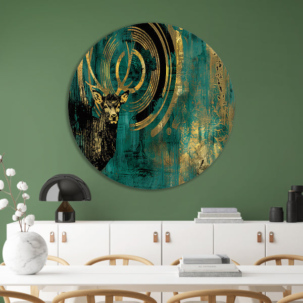 Abstract hertenportret met gouden accenten aluminium muurcirkel