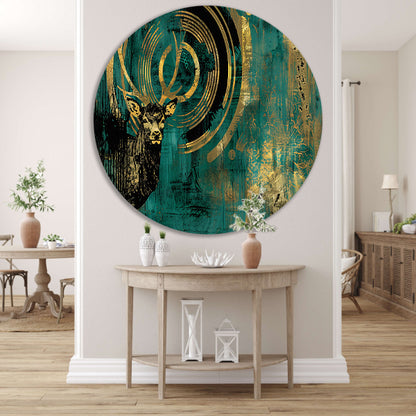 Abstract hertenportret met gouden accenten aluminium muurcirkel