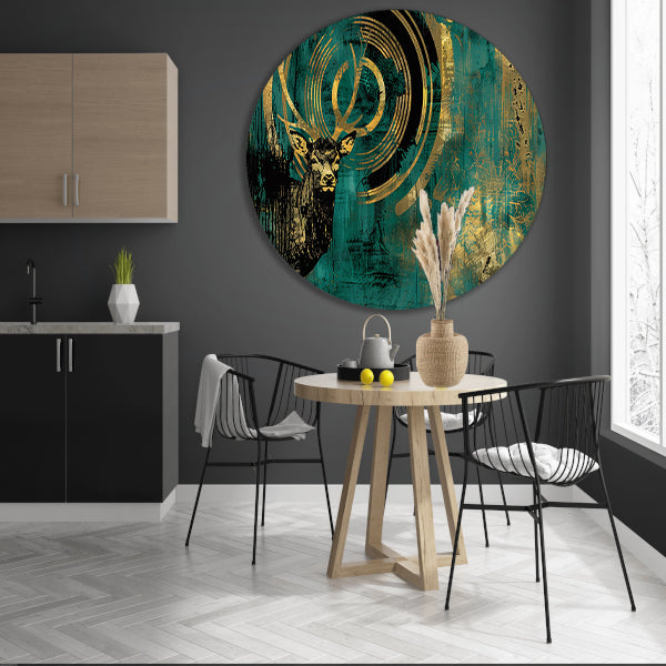 Abstract hertenportret met gouden accenten aluminium muurcirkel