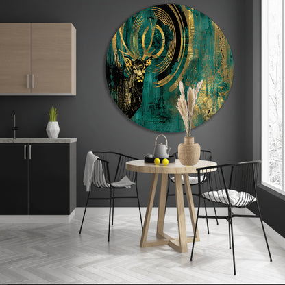 Abstract hertenportret met gouden accenten aluminium muurcirkel
