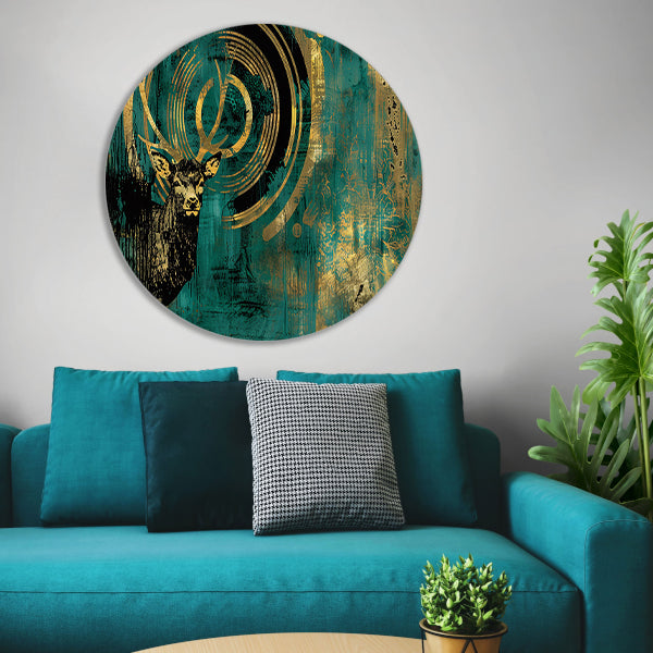 Abstract hertenportret met gouden accenten aluminium muurcirkel
