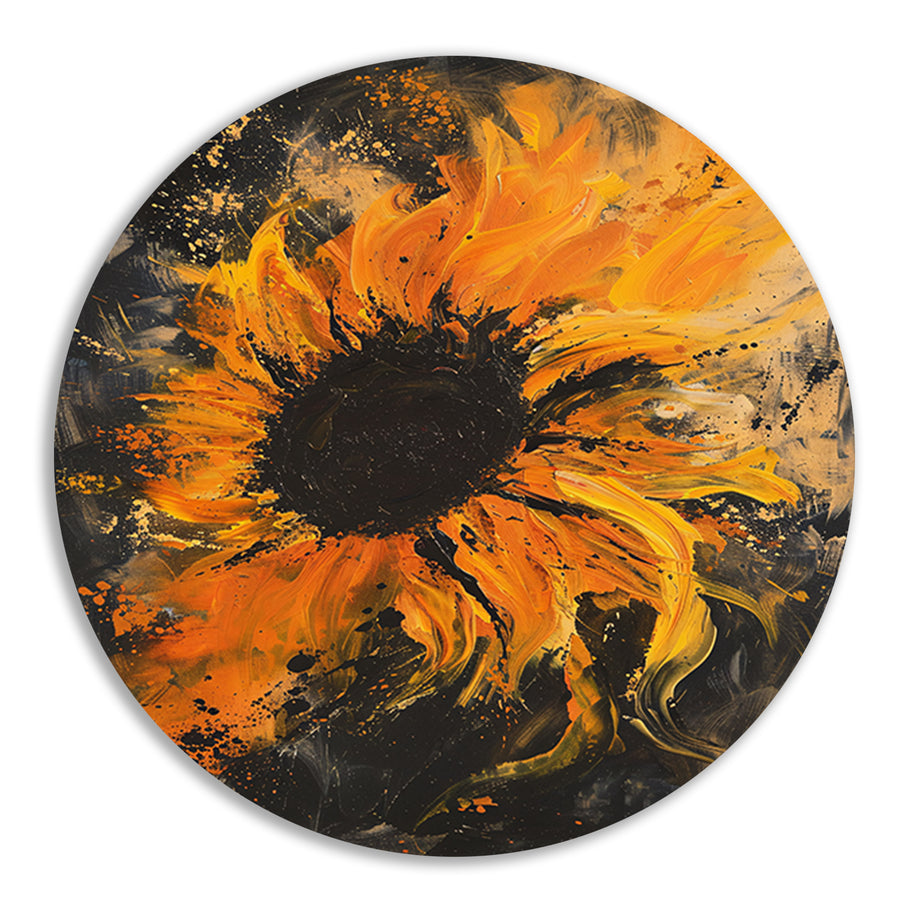 Dynamisch abstract zonnebloem schilderij in oranje aluminium muurcirkel
