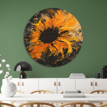 Dynamisch abstract zonnebloem schilderij in oranje aluminium muurcirkel