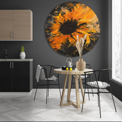 Dynamisch abstract zonnebloem schilderij in oranje aluminium muurcirkel