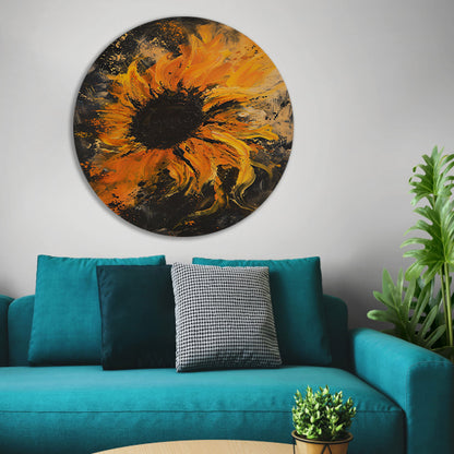 Dynamisch abstract zonnebloem schilderij in oranje aluminium muurcirkel