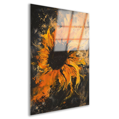 Dynamisch abstract zonnebloem schilderij in oranje acrylglas