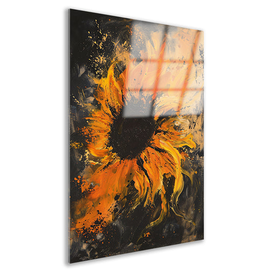 Dynamisch abstract zonnebloem schilderij in oranje acrylglas