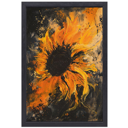 Dynamisch abstract zonnebloem schilderij in oranje canvas met baklijst