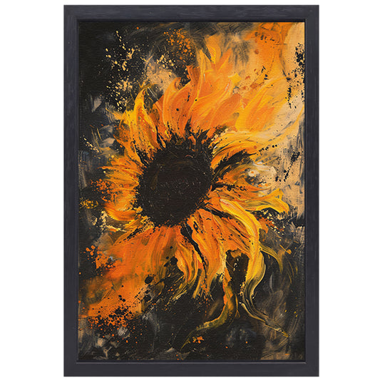 Dynamisch abstract zonnebloem schilderij in oranje canvas met baklijst