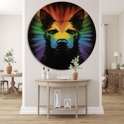 Kleurrijke regenbooghond kunst aluminium muurcirkel