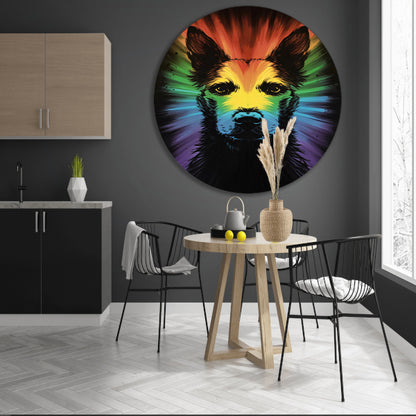 Kleurrijke regenbooghond kunst aluminium muurcirkel