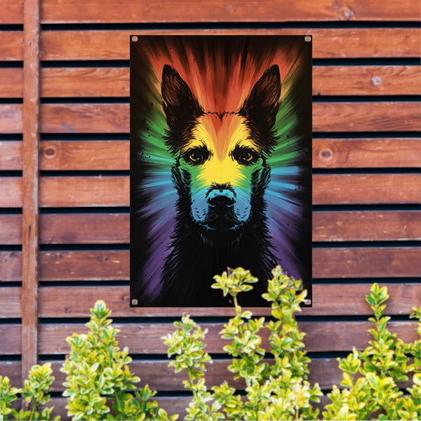 Kleurrijke regenbooghond kunst tuinposter