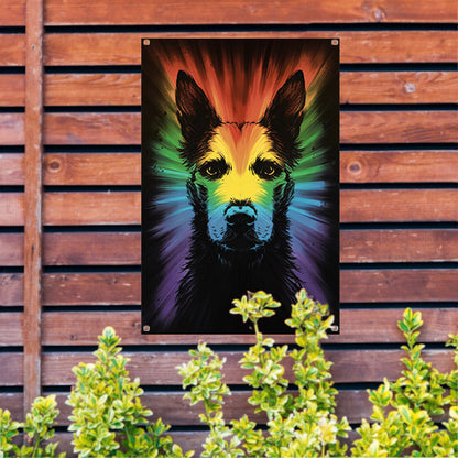 Kleurrijke regenbooghond kunst tuinposter