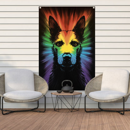 Kleurrijke regenbooghond kunst tuinposter