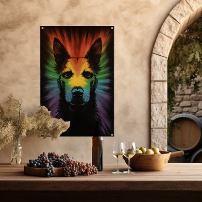 Kleurrijke regenbooghond kunst tuinposter