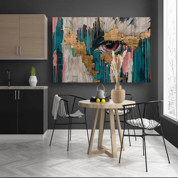 Abstracte kunst van een oog met goud acrylglas