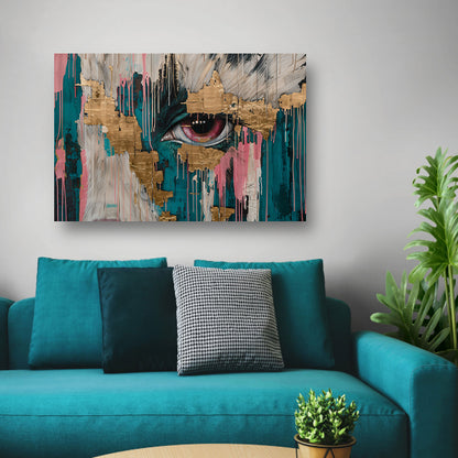 Abstracte kunst van een oog met goud canvas