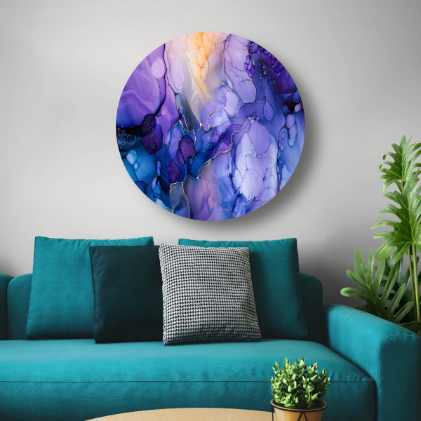 Abstract Expressionisme in Paars en Blauw aluminium muurcirkel
