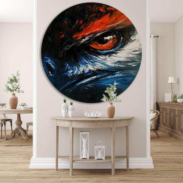 Abstract schilderij van vogel met intens oog forex muurcirkel