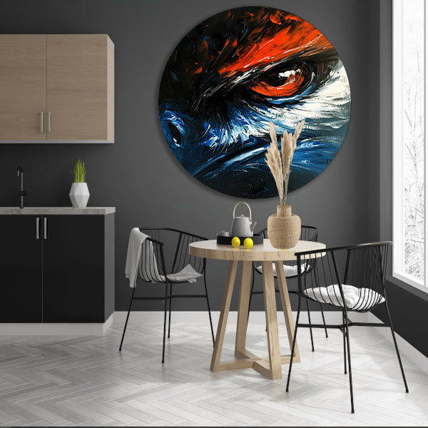 Abstract schilderij van vogel met intens oog forex muurcirkel