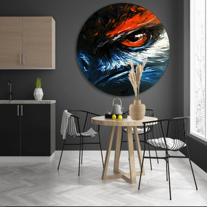 Abstract schilderij van vogel met intens oog forex muurcirkel