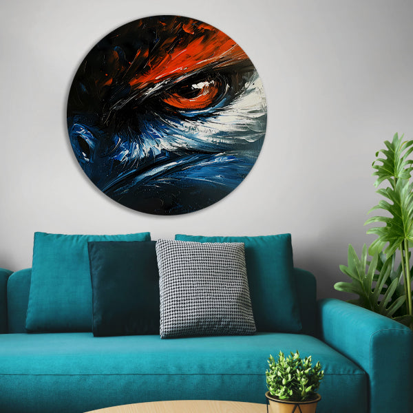 Abstract schilderij van vogel met intens oog forex muurcirkel