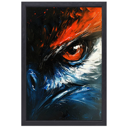 Abstract schilderij van vogel met intens oog canvas met baklijst
