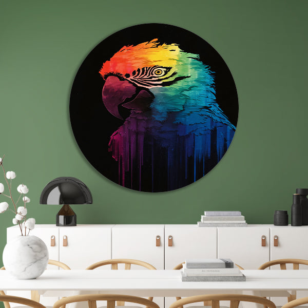 Regenboogkleurige papegaai in abstracte kunst aluminium muurcirkel