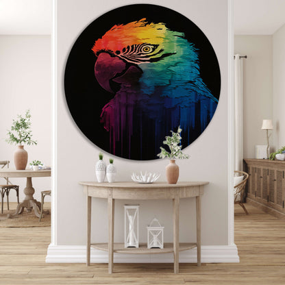 Regenboogkleurige papegaai in abstracte kunst aluminium muurcirkel
