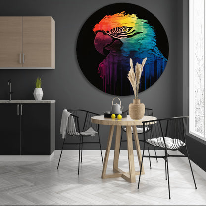 Regenboogkleurige papegaai in abstracte kunst aluminium muurcirkel
