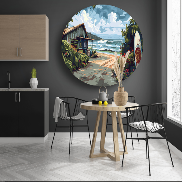 Minimalistisch Strandhuis met Bomen aluminium muurcirkel