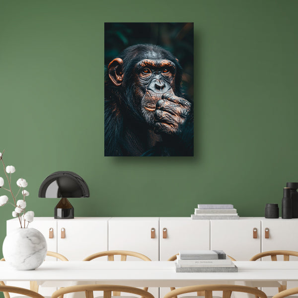 Gedetailleerd portret van een denkende chimpansee poster