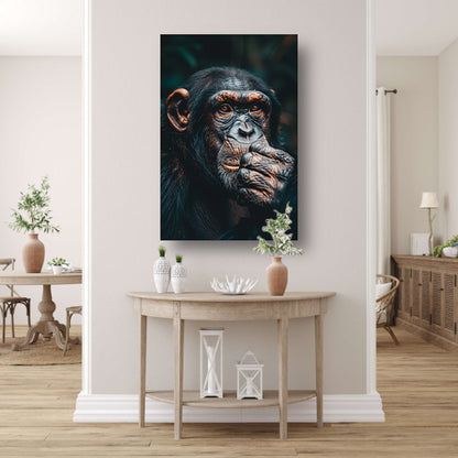 Gedetailleerd portret van een denkende chimpansee poster