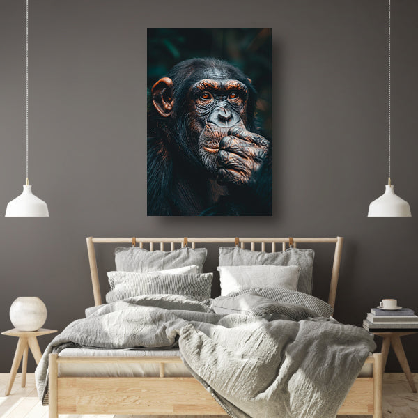 Gedetailleerd portret van een denkende chimpansee poster