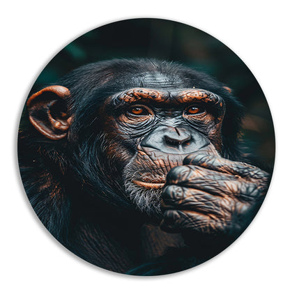 Gedetailleerd portret van een denkende chimpansee aluminium muurcirkel