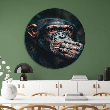 Gedetailleerd portret van een denkende chimpansee aluminium muurcirkel