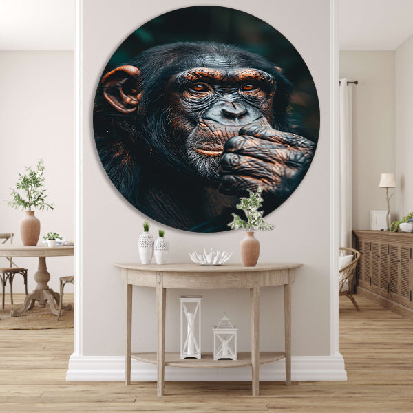 Gedetailleerd portret van een denkende chimpansee aluminium muurcirkel