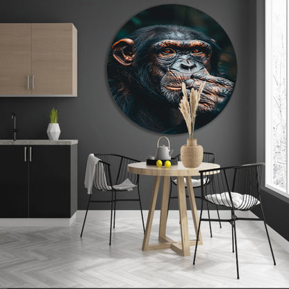 Gedetailleerd portret van een denkende chimpansee aluminium muurcirkel