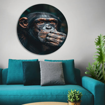 Gedetailleerd portret van een denkende chimpansee aluminium muurcirkel