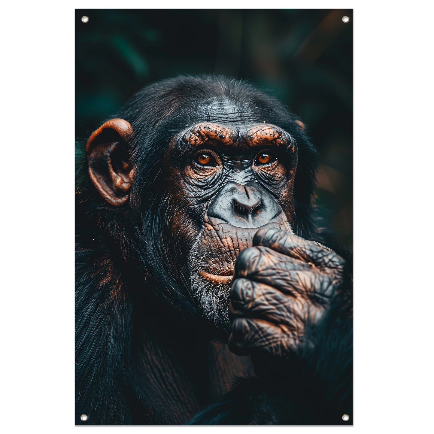 Gedetailleerd portret van een denkende chimpansee tuinposter