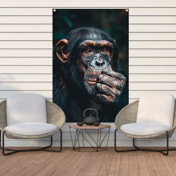 Gedetailleerd portret van een denkende chimpansee tuinposter